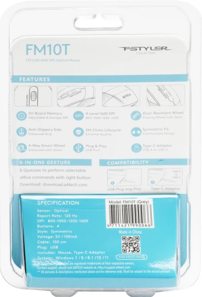 Мышь A4Tech Fstyler FM10T серый/черный оптическая 1600dpi USB для ноутбука 3but (FM10T GREY)