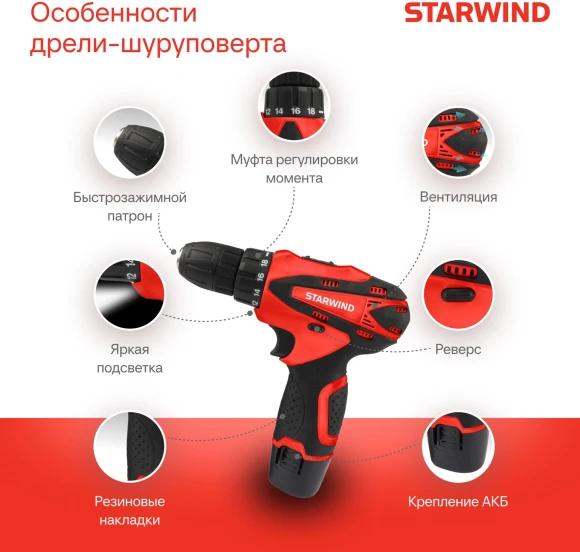 Дрель-шуруповерт Starwind CDT12-1.5/1S0 18Вт аккум. патрон:быстрозажимной
