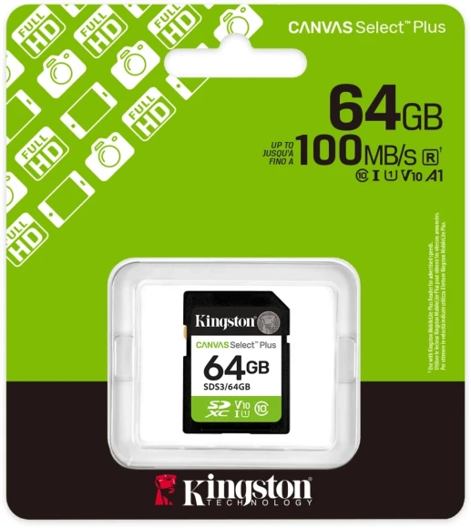 Флеш карта SDXC 64GB Kingston SDS3/64GB Canvas Select Plus V10 w/o adapter