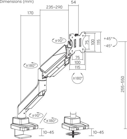 Кронштейн для мониторов Ultramounts UM717 серебристый 17"-49" макс.18кг крепление к столешнице поворот и наклон Кронштейн для мониторов Ultramounts UM717 серебристый 17"-49" макс.18кг крепление к столешнице поворот и наклон