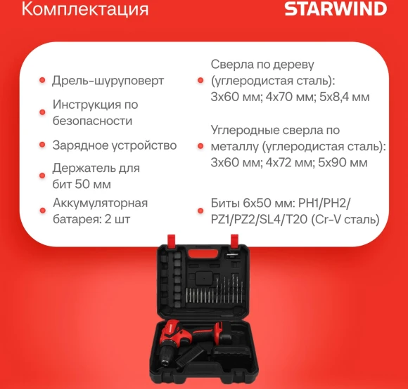Дрель-шуруповерт Starwind CDT12-2.0/2S1 24Вт аккум. патрон:быстрозажимной (кейс в комплекте)