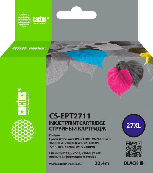 Картридж струйный Cactus CS-EPT2711 27XL черный (22.4мл) для Epson WorkForce WF-3620/3640/7110/7210 с чипом Картридж струйный Cactus CS-EPT2711 27XL черный (22.4мл) для Epson WorkForce WF-3620/3640/7110/7210 с чипом