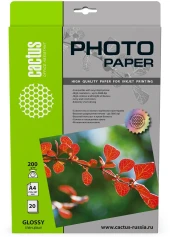 Фотобумага Cactus CS-GA420020 A4/200г/м2/20л./белый глянцевое для струйной печати Фотобумага Cactus CS-GA420020 A4/200г/м2/20л./белый глянцевое для струйной печати