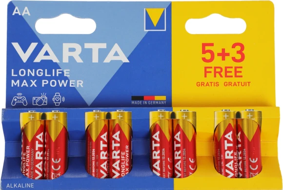 Батарея Varta LongLife Max Power Alkaline LR6 BL5+3 AA (8шт) блистер Батарея Varta LongLife Max Power Alkaline LR6 BL5+3 AA (8шт) блистер