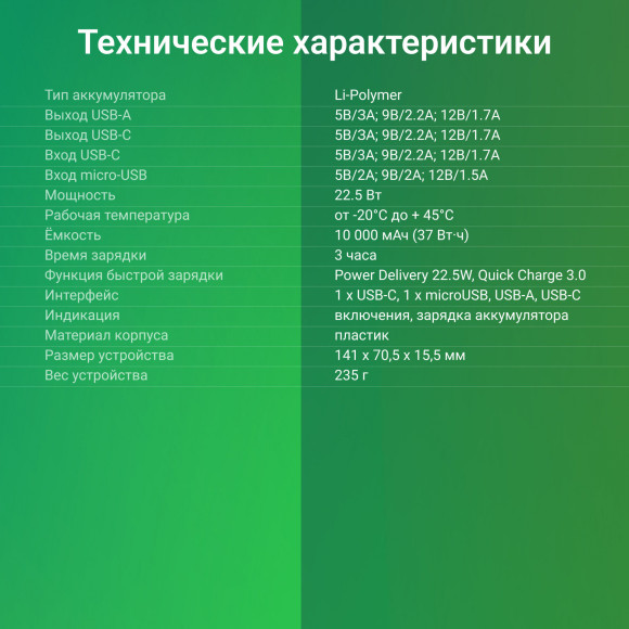 Мобильный аккумулятор Digma DGPF10B 10000mAh QC3.0/PD3.0 22.5W 3A USB-A/USB-C черный (DGPF10B22PBK)