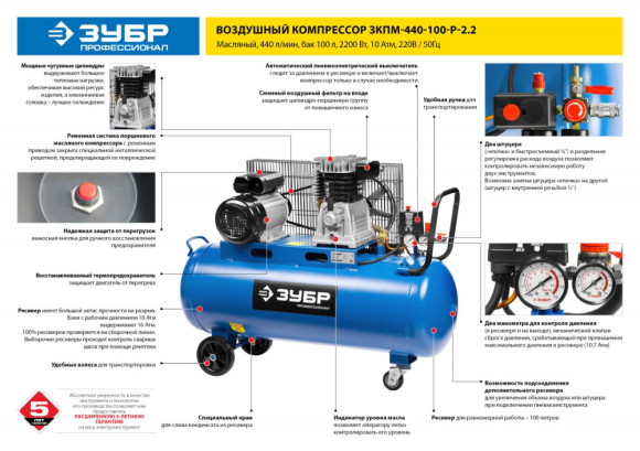 Компрессор поршневой Зубр Профессионал ЗКПМ-440-100-Р-2.2 масляный 440л/мин 100л 2200Вт