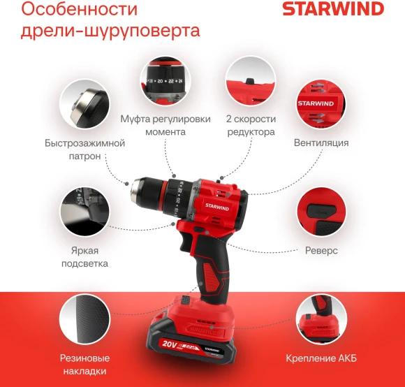 Дрель-шуруповерт Starwind CDB20-2.0/2hs1 40Вт аккум. патрон:быстрозажимной (кейс в комплекте)