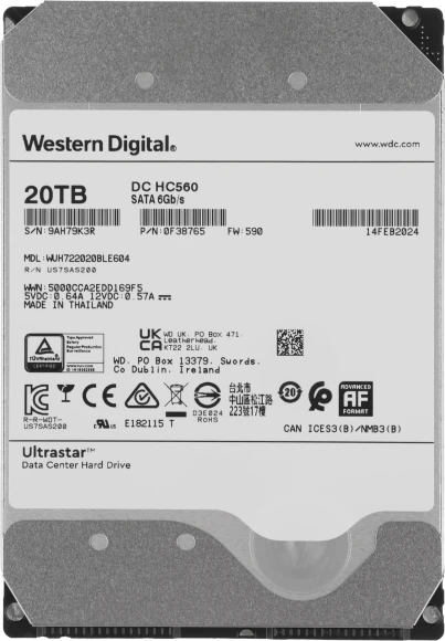 Жесткий диск WD SATA-III 20TB 0F38765 WUH722020BLE604 Server Ultrastar DC HC560 512E (7200rpm) 512Mb 3.5"