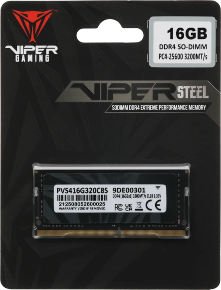 Память DDR4 16Gb 3200MHz Patriot PVS416G320C8S Steel Series RTL PC4-25600 CL22 SO-DIMM 260-pin 1.2В single rank с радиатором Ret