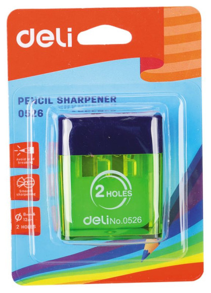Точилка для карандашей ручная Deli E0526 2 отверстия пластик ассорти блистер