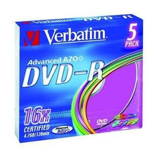 Диск DVD-R Verbatim 4.7Gb 16x Slim case (5шт) Color (43557)