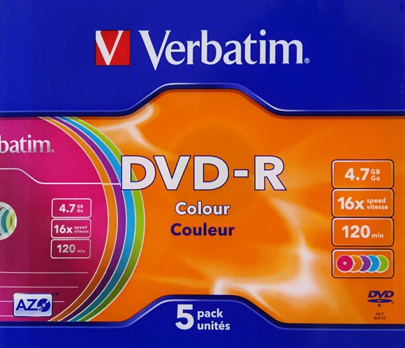 Диск DVD-R Verbatim 4.7Gb 16x Slim case (5шт) Color (43557)