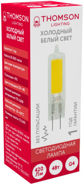 Лампа светодиодная Thomson TH-B4219 4Вт цок.:G4 капсул. 220B 6500K св.свеч.бел.хол. (упак.:1шт) Лампа светодиодная Thomson TH-B4219 4Вт цок.:G4 капсул. 220B 6500K св.свеч.бел.хол. (упак.:1шт)