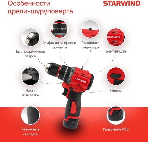 Дрель-шуруповерт Starwind CDBT16-2.0/2hs1 34Вт аккум. патрон:быстрозажимной (кейс в комплекте)