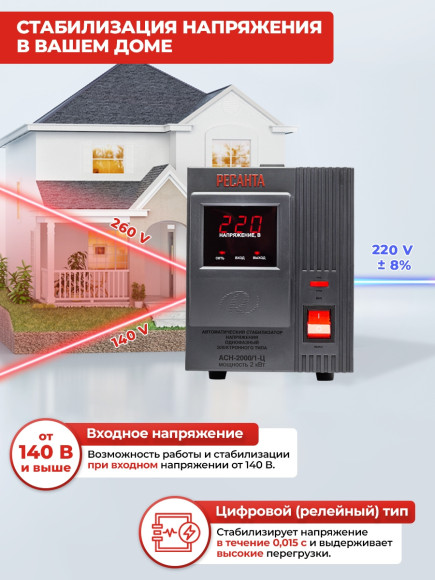 Стабилизатор напряжения Ресанта АСН-2000/1-Ц однофазный серый (63/6/4) Стабилизатор напряжения Ресанта АСН-2000/1-Ц однофазный серый (63/6/4)