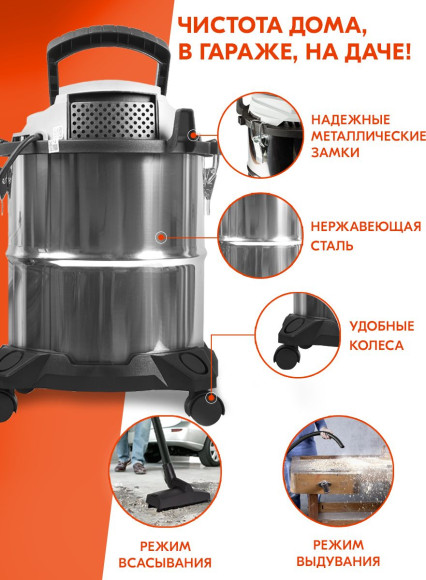 Строительный пылесос Ресанта ПС-1500/20 1500Вт (уборка: сухая/влажная/выдув) серебристый