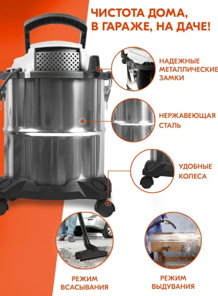 Строительный пылесос Ресанта ПС-1500/20 1500Вт (уборка: сухая/влажная/выдув) серебристый