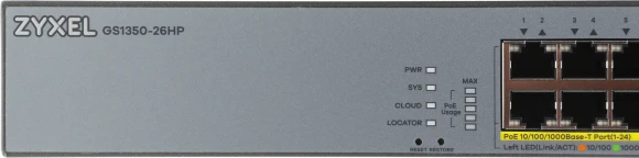 Коммутатор Zyxel GS1350-26HP-EU0101F (L2) 24x1Гбит/с 2xКомбо(1000BASE-T/SFP) 24PoE+ 375W управляемый Коммутатор Zyxel GS1350-26HP-EU0101F (L2) 24x1Гбит/с 2xКомбо(1000BASE-T/SFP) 24PoE+ 375W управляемый