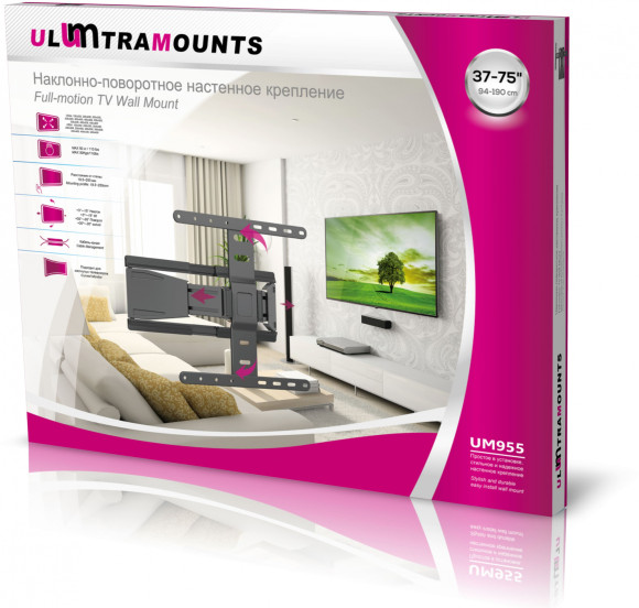 Кронштейн для телевизора Ultramounts UM955 черный 37"-75" макс.50кг настенный поворот и наклон Кронштейн для телевизора Ultramounts UM955 черный 37"-75" макс.50кг настенный поворот и наклон