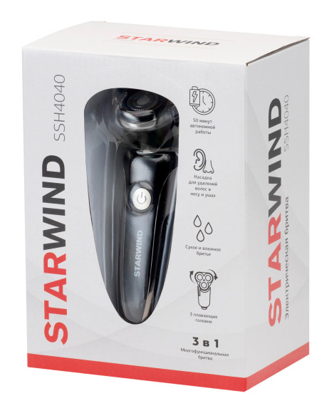 Бритва роторная Starwind SSH 4040 реж.эл.:3 питан.:аккум. черный Бритва роторная Starwind SSH 4040 реж.эл.:3 питан.:аккум. черный