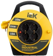 Удлинитель силовой IEK Industrial (WKP14-10-04-10) 3x1.0кв.мм 4розет. 10м ПВС 10A катушка желтый