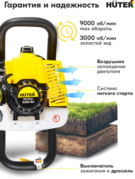 Мотобур Huter GGD-62 профес. 2-х такт. 2400Вт 3.2л.с. 63см3 9000об/мин (70/13/18) Мотобур Huter GGD-62 профес. 2-х такт. 2400Вт 3.2л.с. 63см3 9000об/мин (70/13/18)