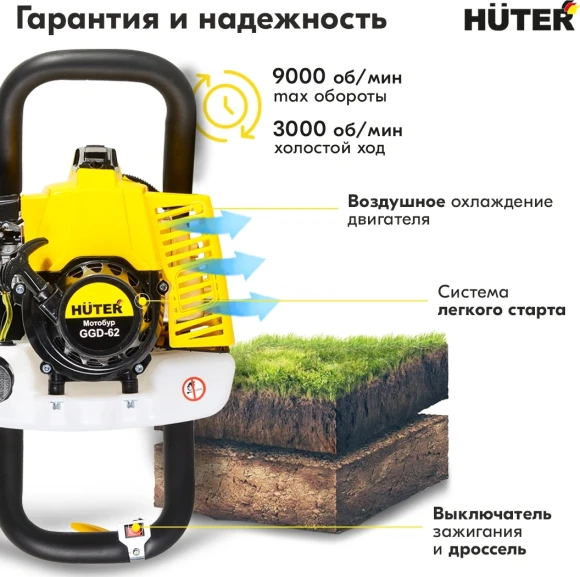 Мотобур Huter GGD-62 профес. 2-х такт. 2400Вт 3.2л.с. 63см3 9000об/мин (70/13/18) Мотобур Huter GGD-62 профес. 2-х такт. 2400Вт 3.2л.с. 63см3 9000об/мин (70/13/18)