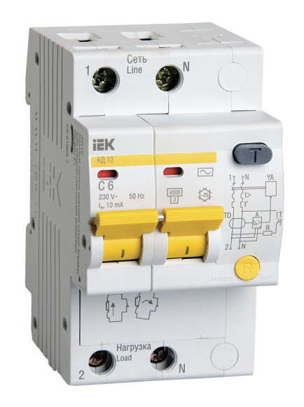 Выключатель автом. дифф. тока IEK MAD10-2-006-C-010 АД12 6A тип C 4.5kA 10мА AC 2П 230В 3мод белый (упак.:1шт)
