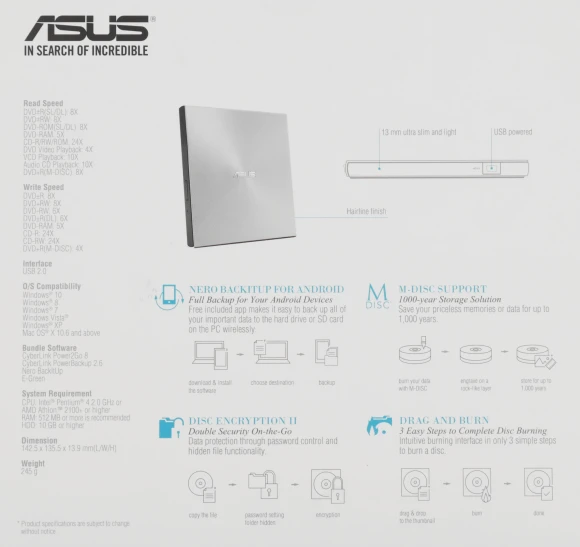 Привод DVD-RW Asus SDRW-08U7M-U серебристый USB ultra slim внешний RTL