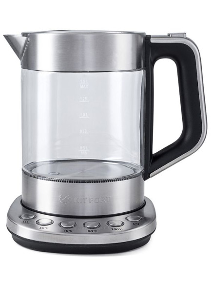 Чайник электрический Kitfort КТ-616 1.5л. 2200Вт серебристый/черный корпус: стекло/металл