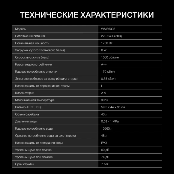 Стиральная машина Hyundai WME6003 класс: A++ загр.фронтальная макс.:6кг белый инвертор