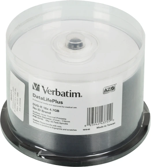 Диск DVD-R Verbatim 4.7Gb 16x Cake Box (50шт) Printable (43755) Диск DVD-R Verbatim 4.7Gb 16x Cake Box (50шт) Printable (43755)