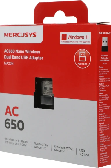 Сетевой адаптер Wi-Fi Mercusys MA20N AC650 USB 2.0 (ант.внутр.) 1ант.