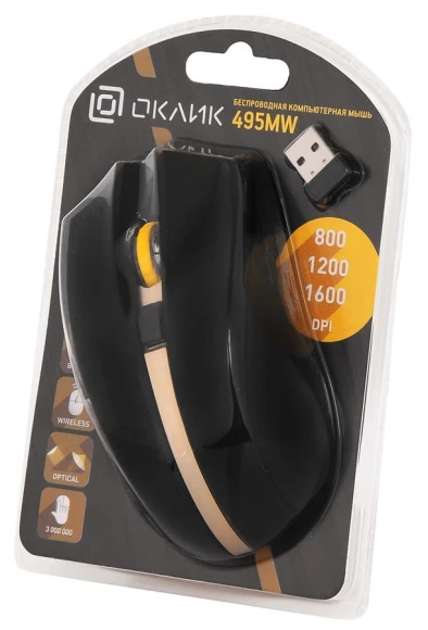 Мышь Оклик 495MW черный/золотистый оптическая 1600dpi беспров. USB для ноутбука 6but (998168)