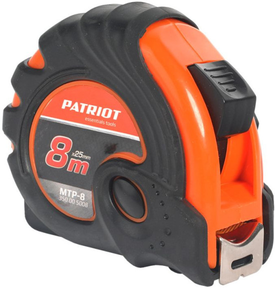 Рулетка строительная Patriot MTP-8 дл.полотна 8м изм.шкала в см зацеп простой черный/оранжевый (350005008)