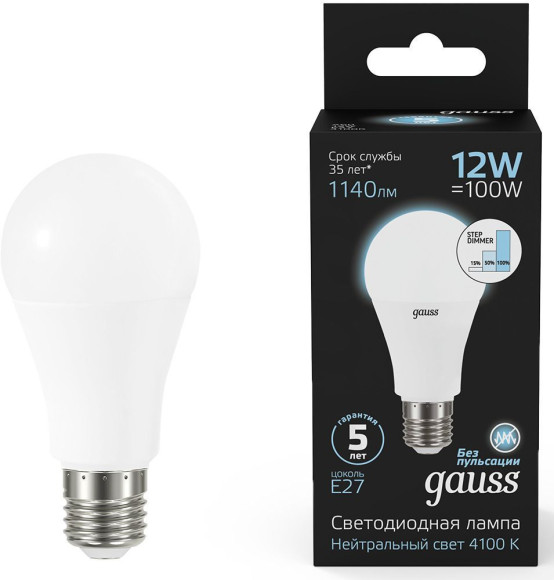 Лампа светодиодная Gauss 102502212-S 12Вт цок.:E27 груша 150B 4100K св.свеч.бел.нейт. грушевидная (упак.:1шт)