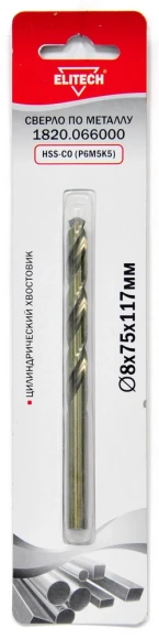Сверло Elitech 1820.066000 по металлу Д=8мм Дл=117мм (1пред.) для дрелей Сверло Elitech 1820.066000 по металлу Д=8мм Дл=117мм (1пред.) для дрелей