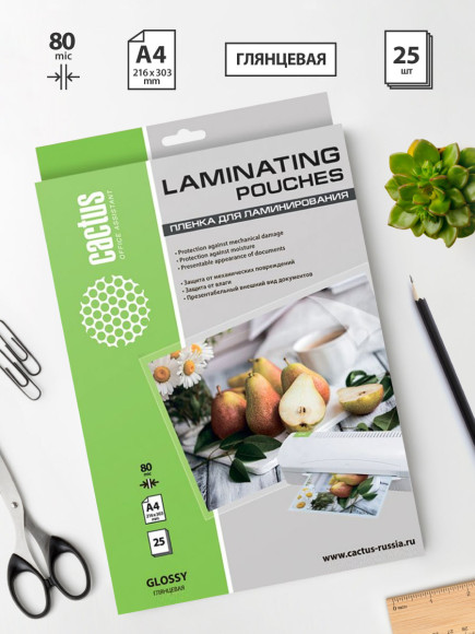 Пленка для ламинирования Cactus 80мкм A4 (25шт) глянцевая 216x303мм CS-LPGA48025 Пленка для ламинирования Cactus 80мкм A4 (25шт) глянцевая 216x303мм CS-LPGA48025