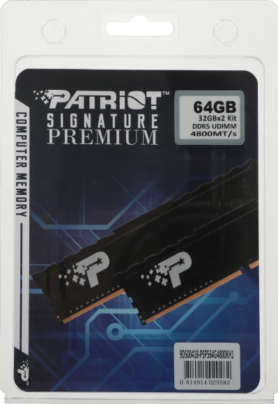 Память DDR5 2x32GB 4800MHz Patriot PSP564G4800KH1 Signature Premium RTL PC5-38400 CL40 DIMM 288-pin 1.1В kit single rank с радиатором Ret