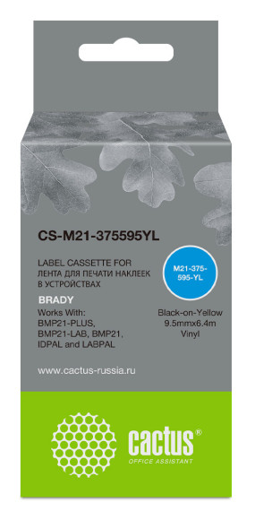 Картридж ленточный Cactus CS-M21-375595YL черный на желтом 9.5x6.4 для Brady BMP21-PLUS, BMP21-LAB