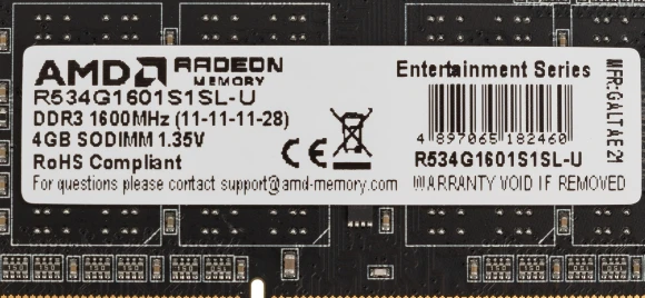 Память DDR3 4Gb 1600MHz AMD R534G1601S1SL-U R5 RTL PC3-12800 CL11 SO-DIMM 204-pin 1.35В Ret