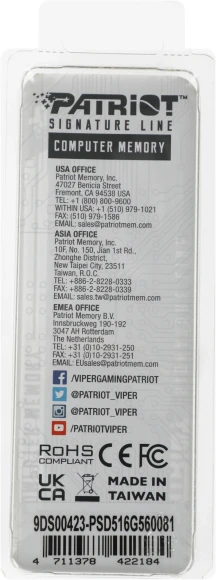 Память DDR5 16GB 5600MHz Patriot PSD516G560081 Signature RTL PC5-44800 CL46 DIMM 288-pin 1.1В single rank Ret