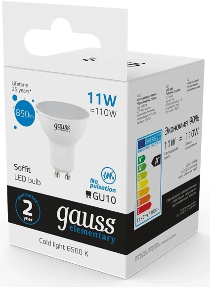 Лампа светодиодная Gauss Elementary 13631 11Вт цок.:GU10 софит 180B св.свеч.бел.хол. MR16 (упак.:1шт)