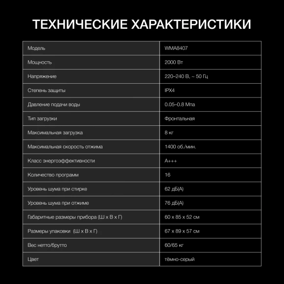 Стиральная машина Hyundai WMA8407 класс: A+++ загр.фронтальная макс.:8кг темно-серый инвертор Стиральная машина Hyundai WMA8407 класс: A+++ загр.фронтальная макс.:8кг темно-серый инвертор