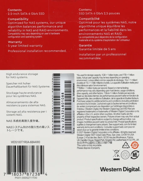 Накопитель SSD WD SATA-III 1TB WDS100T1R0A Red SA500 2.5"