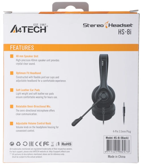 Наушники с микрофоном A4Tech HS-8i черный 1.8м накладные оголовье Наушники с микрофоном A4Tech HS-8i черный 1.8м накладные оголовье