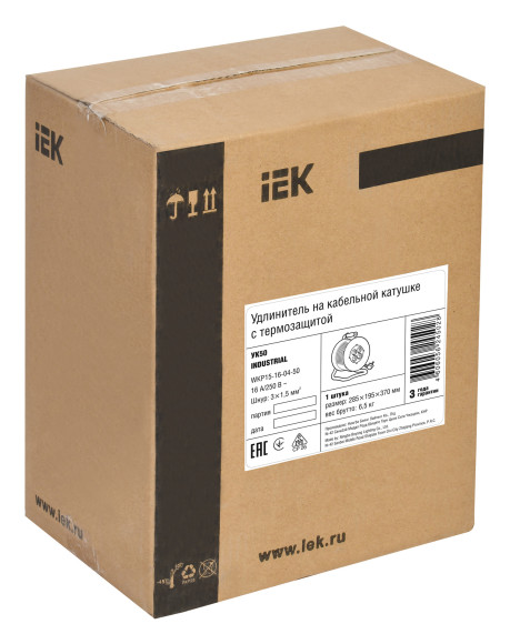 Удлинитель силовой IEK Industrial (WKP15-16-04-50) 3x1.5кв.мм 4розет. 50м ПВС 16A катушка желтый