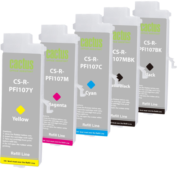 Картридж перезаправляемый струйный Cactus CS-R-PFI107SET черный/черный матовый/голубой/желтый/пурпурный набор 5шт.упак. для Canon imageProGRAF iPF670/680/685/770/780/785 без чипа