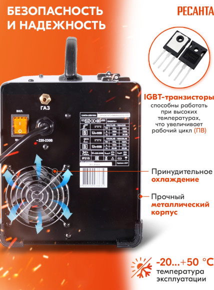 Сварочный полуавтомат Ресанта САИПА-22В/160А инвертор MIG-MAG 6.2кВт