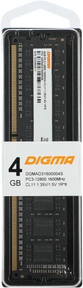 Память DDR3 4GB 1600MHz Digma DGMAD31600004S RTL PC3-12800 CL11 DIMM 240-pin 1.35В single rank Ret